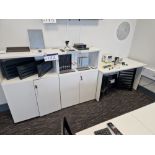 Two Double Door Cabinets and White Melamine Office Desk Please read the following important