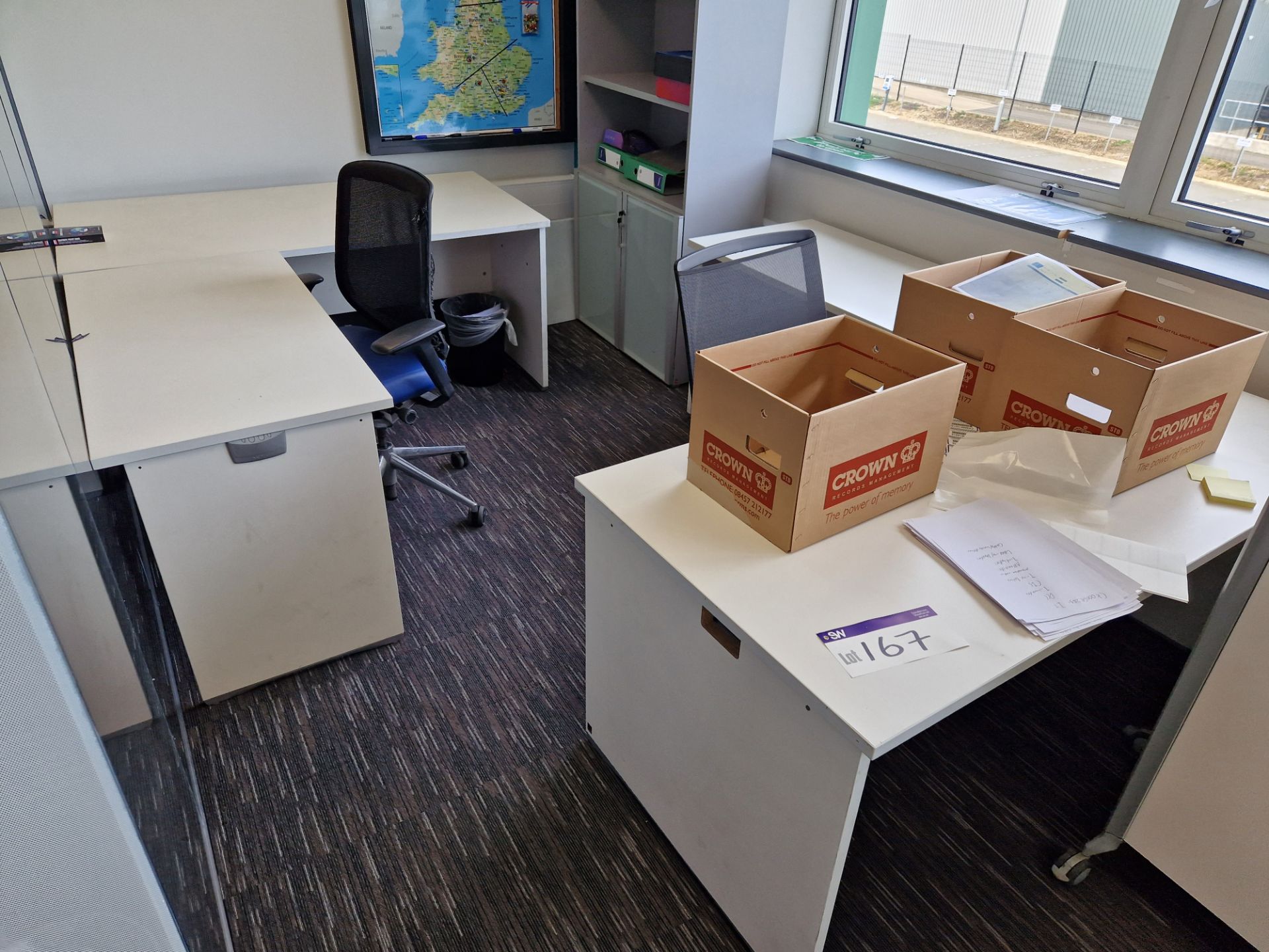 Four White Melamine Office Desks, and Two Office Chairs Please read the following important