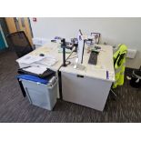 Two White Melamine Office Desks, Two 2 Drawer Pedestal and Two Office Chairs Please read the