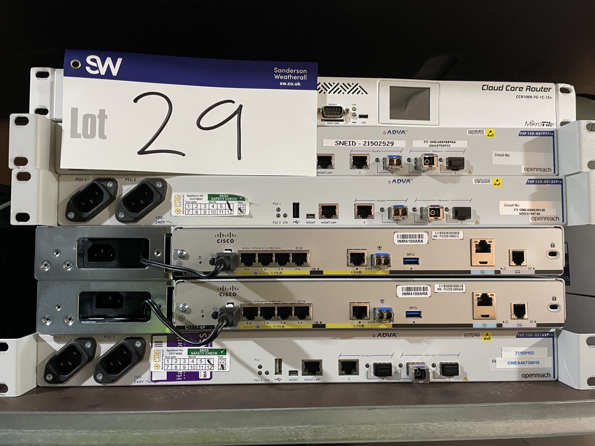 Three Adva FSP 150-GE102Pro Fibre Channel Hubs, Two Cisco C1117-4P Integrated Routers and One