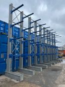 5m HIGH DOUBLE SINGLE CANTILEVER RACK. Including nine joined bays creating a 10m run, four arms