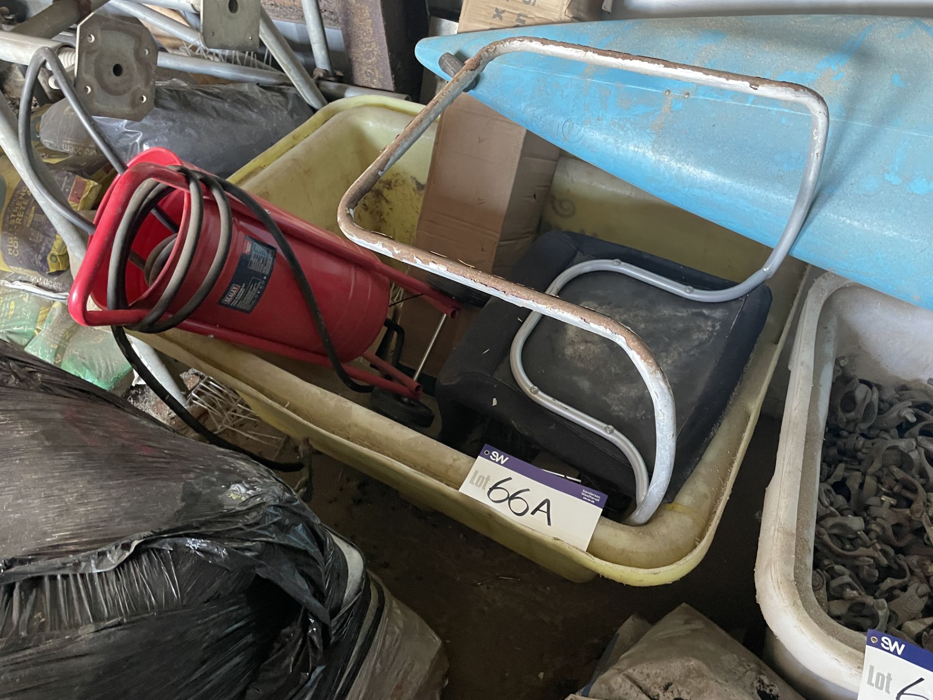 Plastic Mortar Tub, with contents including space heater and chair Please read the following