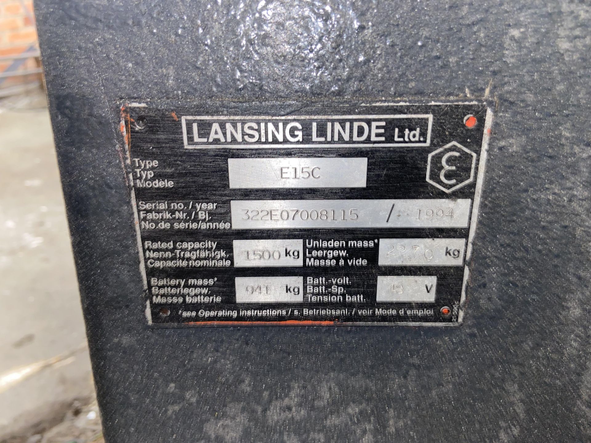 Lansing Linde E15C 1500kg cap. Electric Fork Lift Truck, serial no. 322E07008115, year of - Image 8 of 9