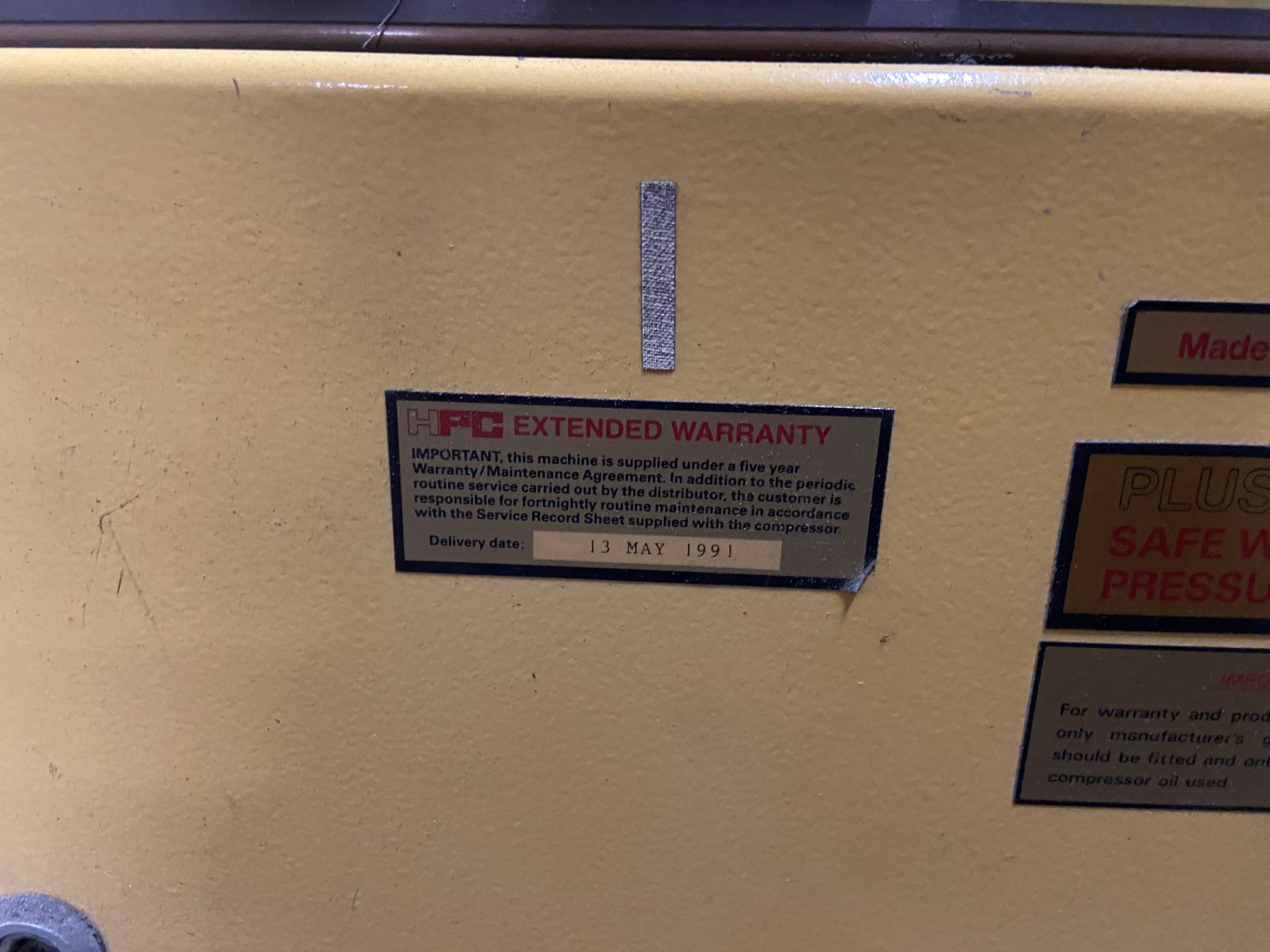 HPC AS45 Sigma Packaged Screw Compressor, year of manufacture 1991, 7.5 bar safe working pressure, - Image 5 of 5