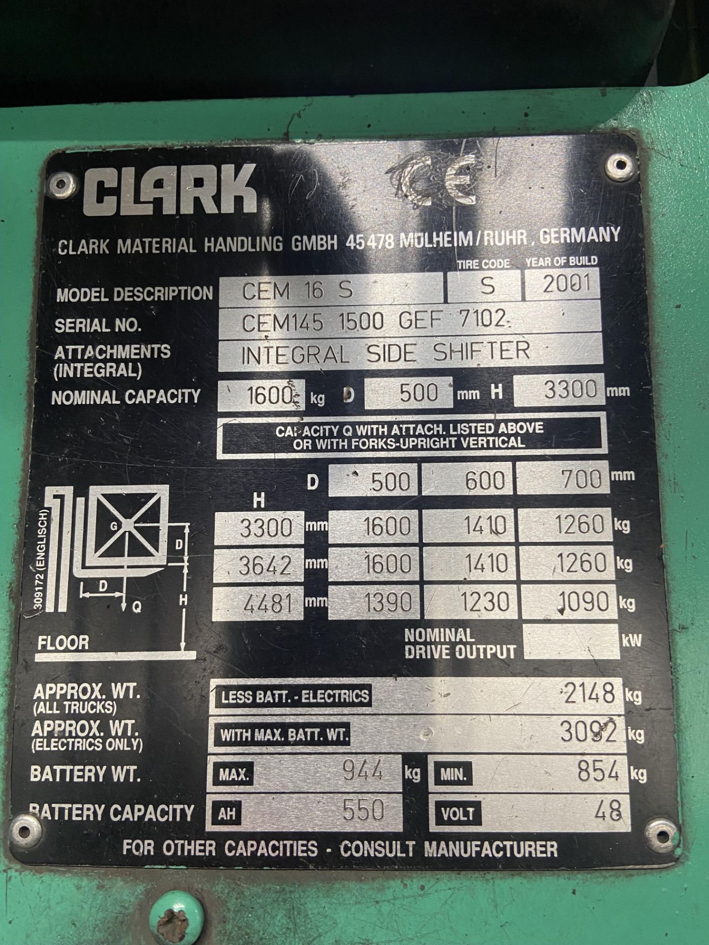 Clarke CEM 16 S 1600kg cap. Electric Fork Lift Truck, serial no. CEM145 1500 GEF 7102, year of - Image 7 of 9