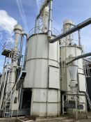 BOLTED SECTIONAL STEEL SKIRTED CHIP/ SAWDUST STORAGE SILO, approx. 4.3m dia., approx. 6m deep on