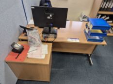 Light Oak Veneered Pedestal Desk, Pedestal, Five Tier Shelving Unit and Office Swivel Chair Please