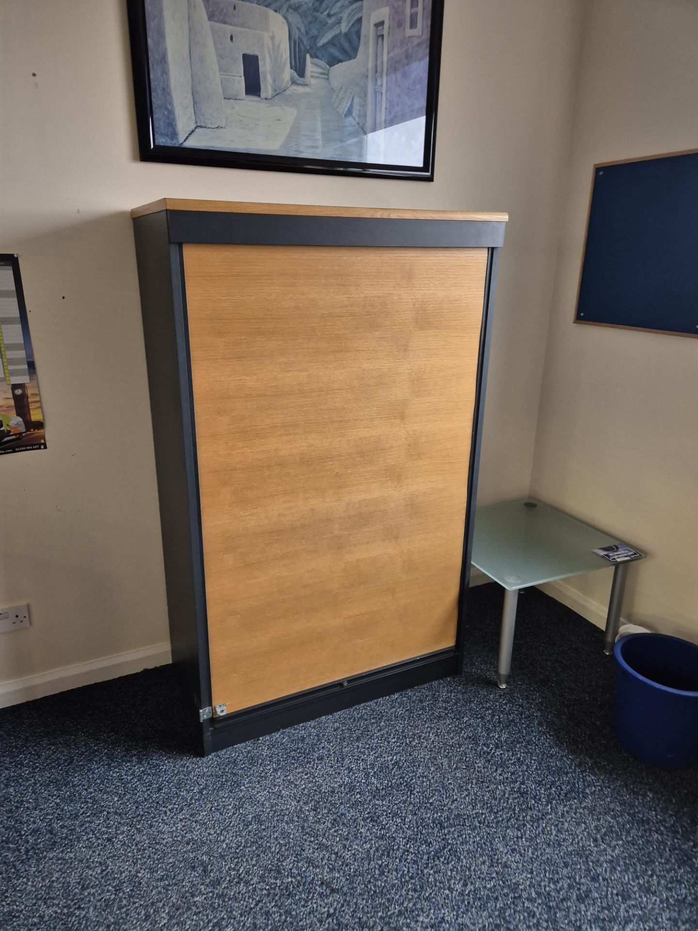 Contents to Office, including Two Tambour Door Cabinets and Pedestal Please read the following - Image 2 of 3