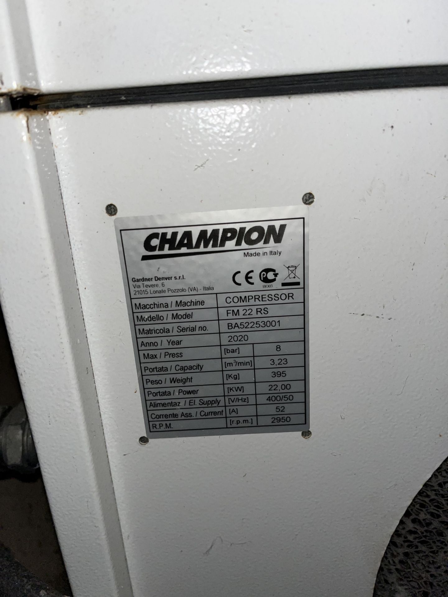 Champion FM22RS PACKAGED AIR COMPRESSOR, serial no. BA52253001, year of manufacture 2020, with - Image 3 of 3