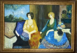Itzchak Tarkay - Two Seated Women, Oil on Canvas