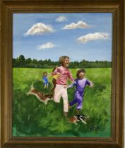 Children Playing in Field - Original Oil on Canvas