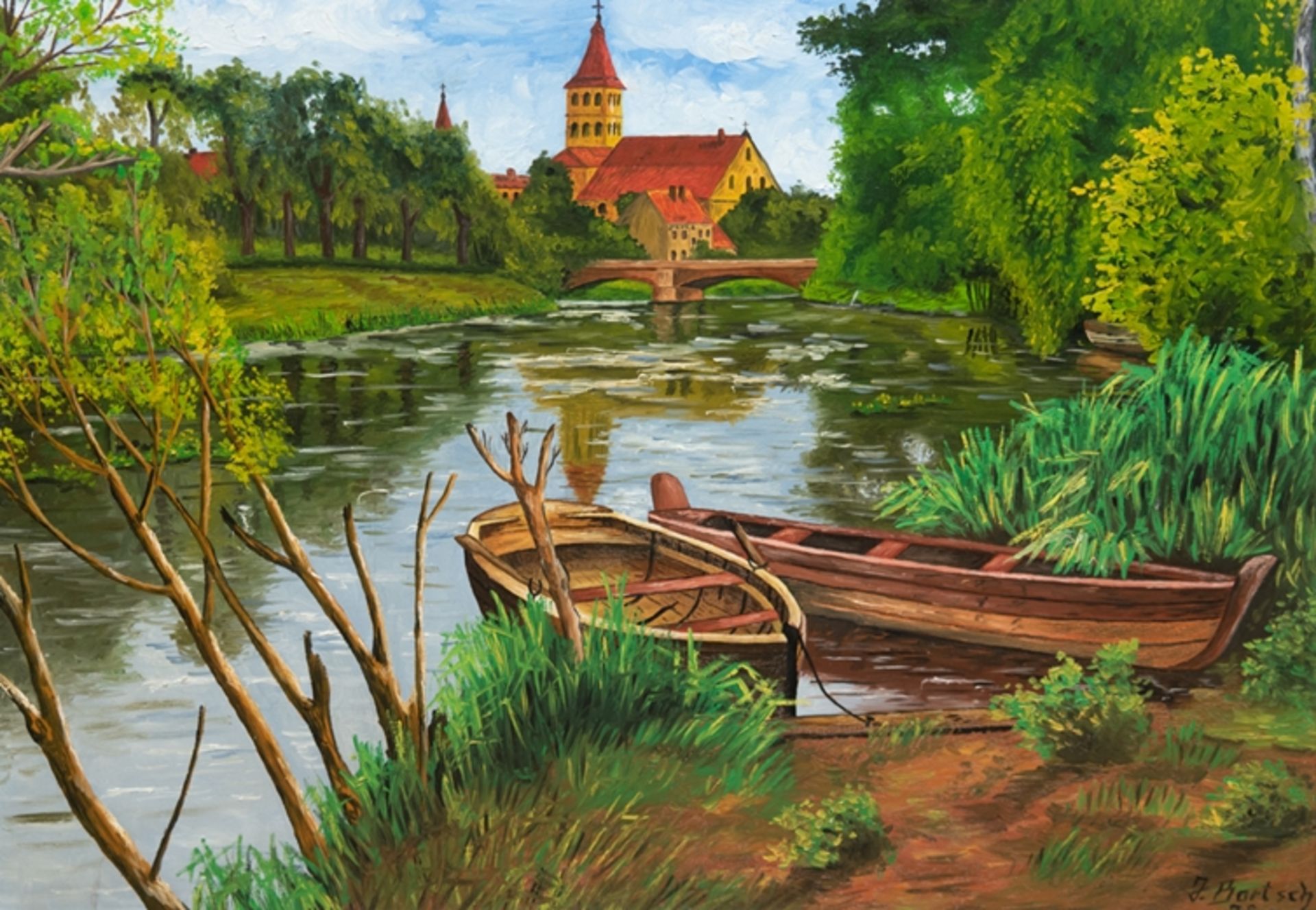 Bartsch, J. "Flußlandschaft mit Kirche und Booten", Öl/ Lw., sign. u.r. und dat. ´78, 61x80 cm, Rah