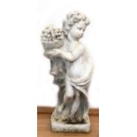 Gartenfigur "Putto mit Traubenkorb", Steinguß, Verwitterungsspuren, 70x28x23 cm