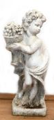 Gartenfigur "Putto mit Traubenkorb", Steinguß, Verwitterungsspuren, 70x28x23 cm