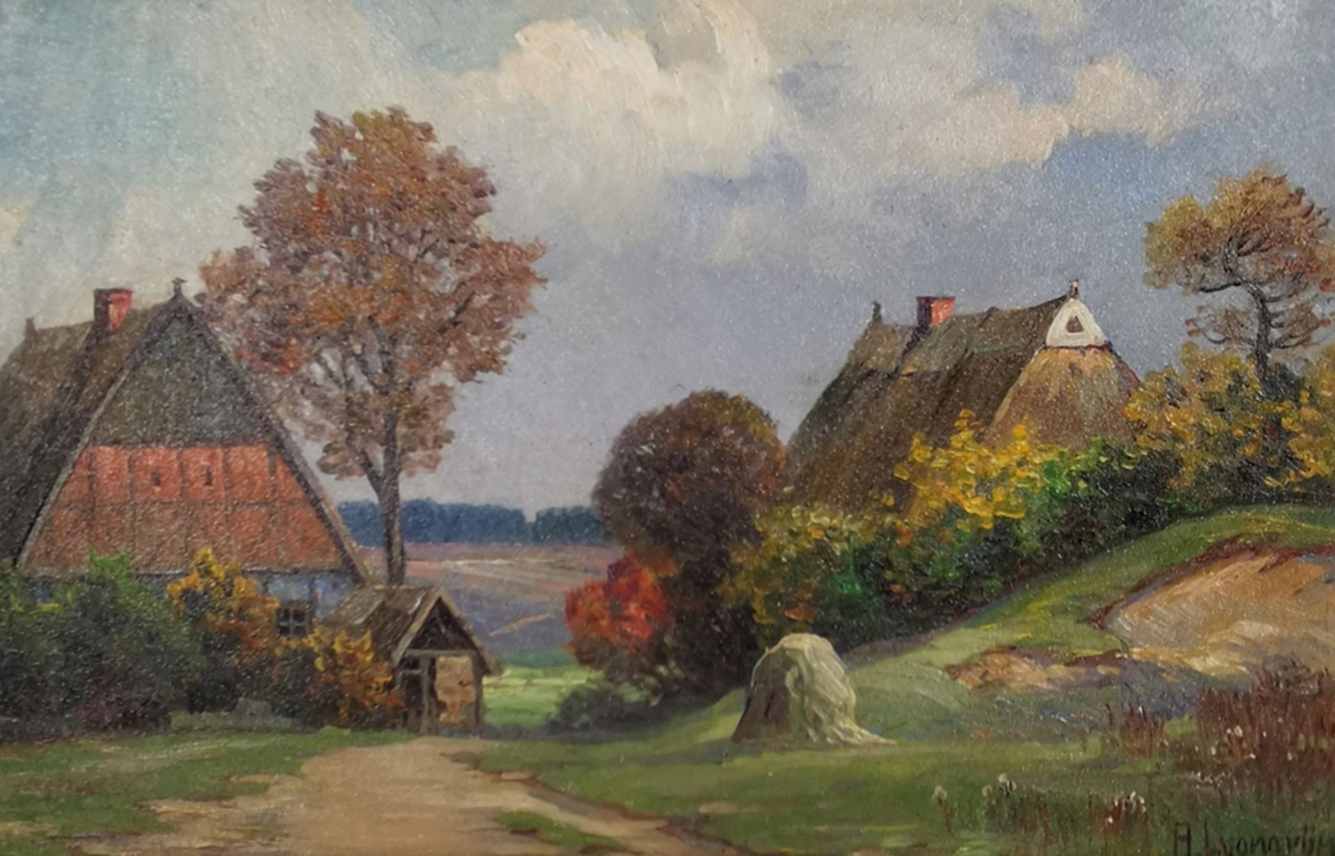 Lyongrün, Arnold (1871 Domnau/Ostpr.-1935 Kühlungsborn) "Landschaft mit Bauerngehöft", Öl/ Lw., sig