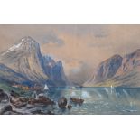 Perlberg, Friedrich (1848 Nürnberg-1921 München) "Norwegischer Fjord", Aquarell, weiß gehöht, sign.