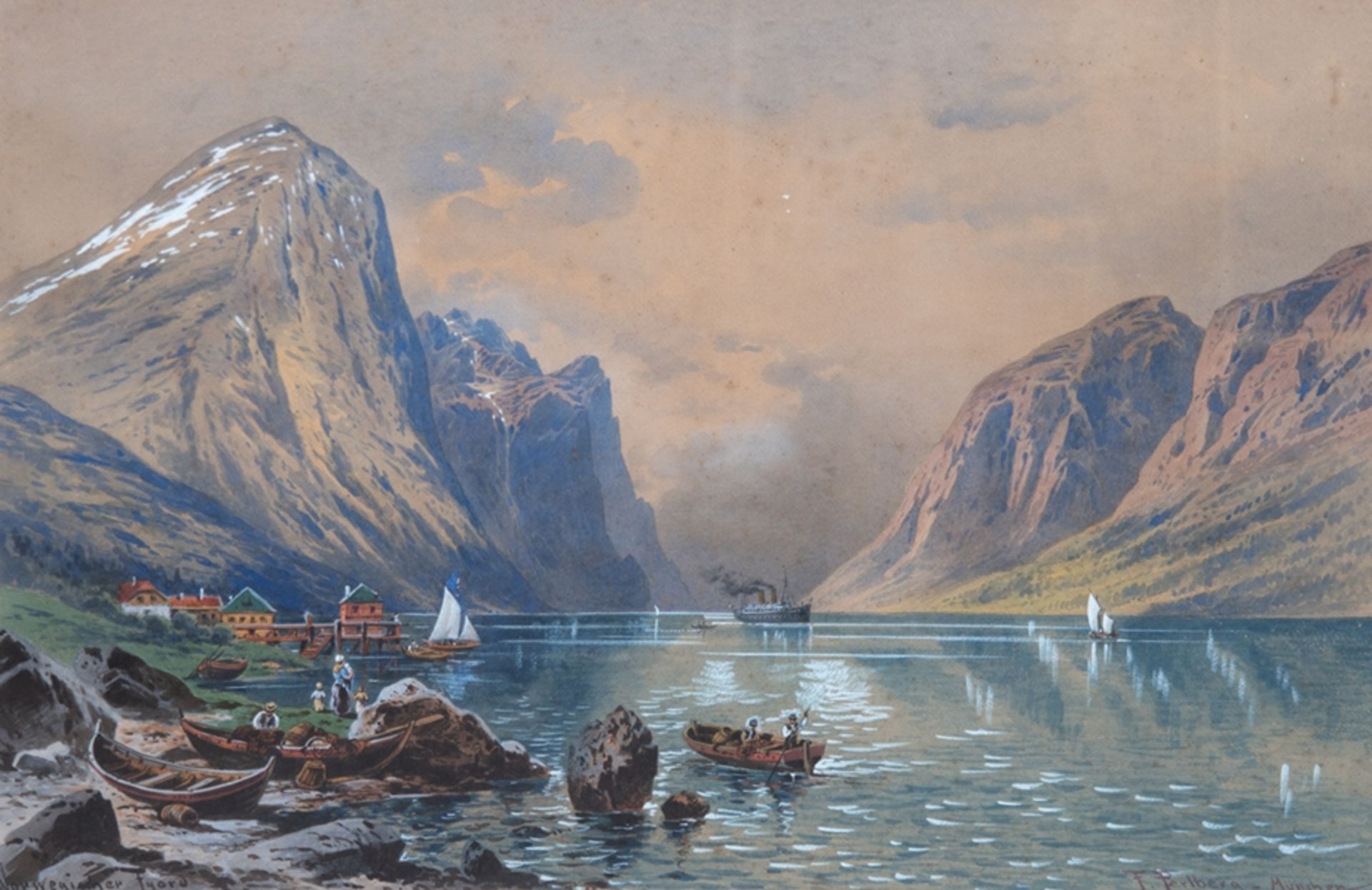 Perlberg, Friedrich (1848 Nürnberg-1921 München) "Norwegischer Fjord", Aquarell, weiß gehöht, sign.