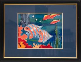 Keramikplatte mit Fischmotiv "Orangenbinden-Pinzettfisch", polychrome Malerei, glasiert, 18x23 cm,