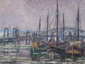 Volkwarth, Hugo (1888 Altona-1946 Thüringen) "Hamburger Hafen", Öl/ Lw., sign. u.l., 56x66 cm, Rahm