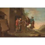 Maler um 1800 "Bauernszene mit rastenden Reitern", Öl/ Holz, auf Faß monogr."AK", 28x39 cm, Rahmen