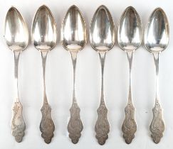 6 Biedermeier-Kaffeelöffel, 12 Lot Silber, Friesenmuster, ges. 80 g, L. 14,5 cm