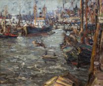 Hager, Marie (1872 Penzlin-1947 Stargard) "Hafen von Stettin", Öl/ Lw., sign. u.l., 58x68 cm, Rahme