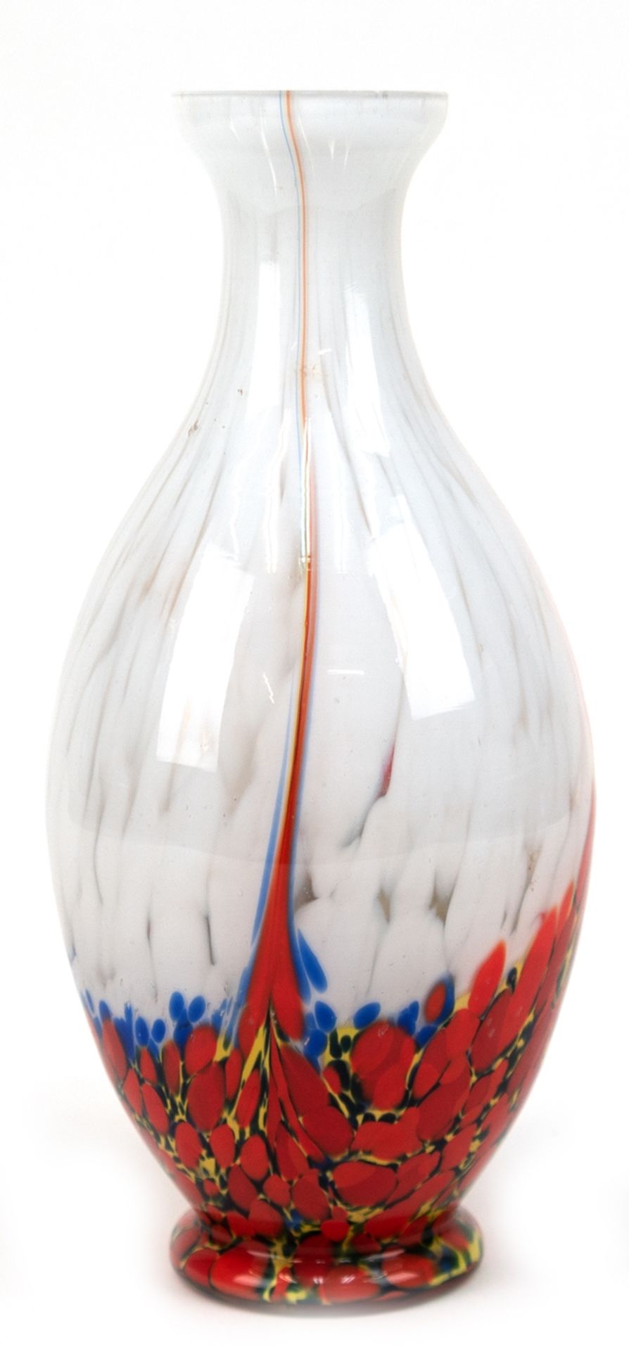 Vase, Murano, Balusterform, farbloses Glas, Innenfang mit weißen, roten, blauen und gelben Einschme