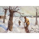 Falat "Winterlandschaft mit Wanderer", Öl/ Holz, sign. u.r., 16,5x22 cm, Rahmen