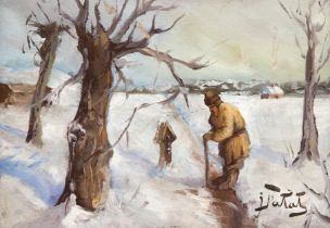 Falat "Winterlandschaft mit Wanderer", Öl/ Holz, sign. u.r., 16,5x22 cm, Rahmen