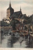 "Rostock-Am Fischerbruch mit Nikolaikirche", kolorierte Litho., 21x13 cm, hinter Glas und Rahmen