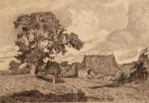 Bunke, Franz (1857 Schwaan-1939 Oberweimar) "Mecklenburger Landschaft mit Bauernkaten", Radierung,