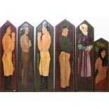 6 Wandpaneele aus englischem Pub, um 1900, Holz, figürlich bemalt und bezeichnet, 5x ca. 170x43 cm