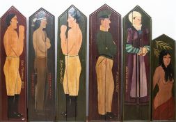 6 Wandpaneele aus englischem Pub, um 1900, Holz, figürlich bemalt und bezeichnet, 5x ca. 170x43 cm