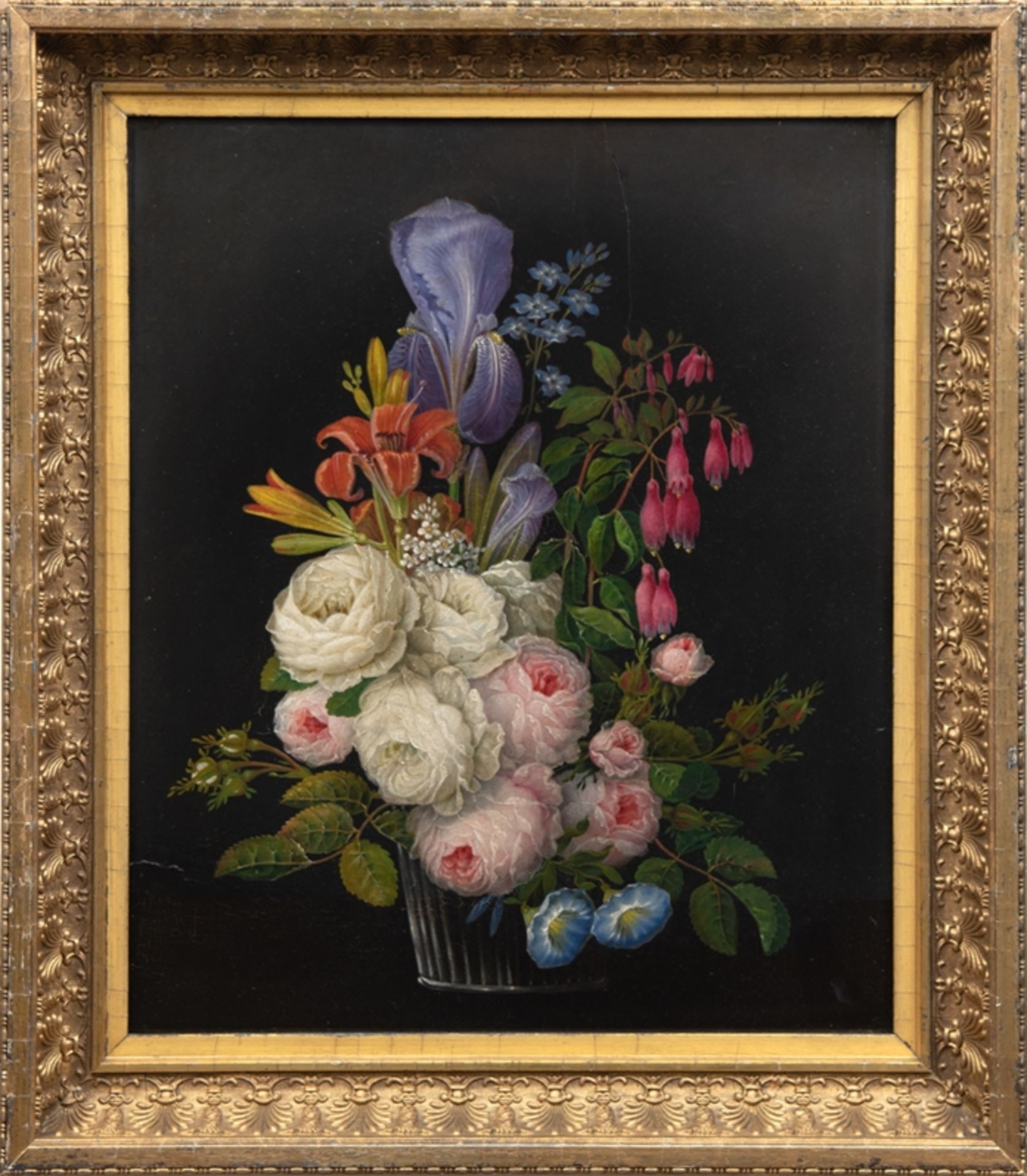 Biedermeier-Stillebenmaler "Blumenarrangement", Öl/ Mp., unsign., 46,5x38 cm, Rahmen