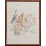 Scheutzlich, Sonja "Hühner", aquarellierte Federzeichnung, sign. u.r. und dat. ´99, 39x29 cm, hinte
