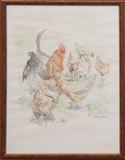 Scheutzlich, Sonja "Hühner", aquarellierte Federzeichnung, sign. u.r. und dat. ´99, 39x29 cm, hinte