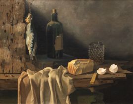 Nagtegaal, Jan Frederik Johannes (1920 Amsterdam-2000) "Stilleben mit Weinflasche, Fisch und Brot",