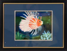Keramikplatte mit Fischmotiv "Feuerfisch", polychrome Malerei, glasiert, 18x23 cm, hinter Glas und
