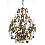 Deckenlampe, mit farbigem, obstförmigem Glasbehang, vermutlich Murano, 6-flammig, Metall kupferfarb