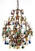 Deckenlampe, mit farbigem, obstförmigem Glasbehang, vermutlich Murano, 6-flammig, Metall kupferfarb