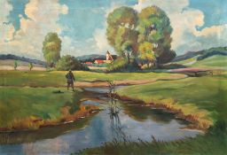 "Landschaft mit Kirche und Angler am Bach", Öl/ Lw., unsign., oben mittig kl. Riß, 71x100 cm, Rahme