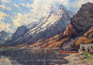 Gleissner, Hans (1880 Berlin-1935 ebenda) "Fjord mit Fischerhütte", Öl/ Lw., sign. u.r., 100x140 cm