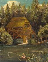 "Angler vor Wassermühle", Öl/ Lw., unsign., an den Rändern knickfaltig, 41x33 cm, Rahmen