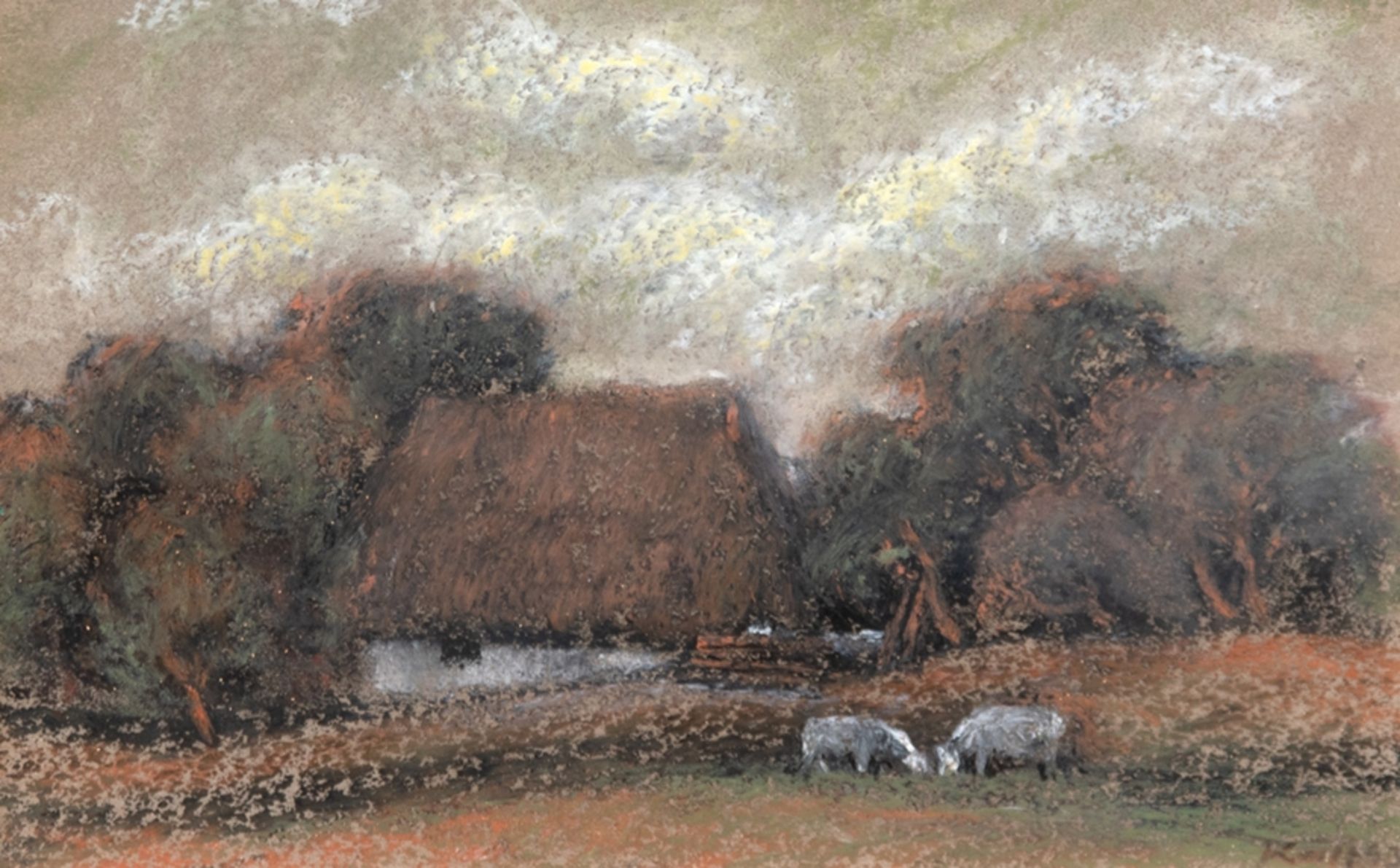 Kalt, Karl (Mecklenburger Maler) "Landschaft mit Bauernkaten", Öl/ Pastell, sign. u.r., 10,5x16 cm,