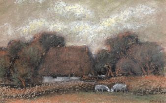 Kalt, Karl (Mecklenburger Maler) "Landschaft mit Bauernkaten", Öl/ Pastell, sign. u.r., 10,5x16 cm,