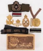 Marine-Uniformutensilien, 1914, 9-teilig u.a. Mützenband "III.  Matr. Artillerie-Abtl. III", Koppel