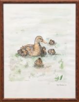 Scheutzlich, Sonja "Enten", aquarellierte Federzeichnung, sign. u.r. und dat. ´99, 39x29 cm, hinter