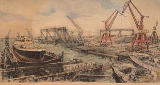 "Deutsche Werft in Hamburg", gegründet von Ballin, kolorierte Grafik, 26x41 cm, im Passepartout hin