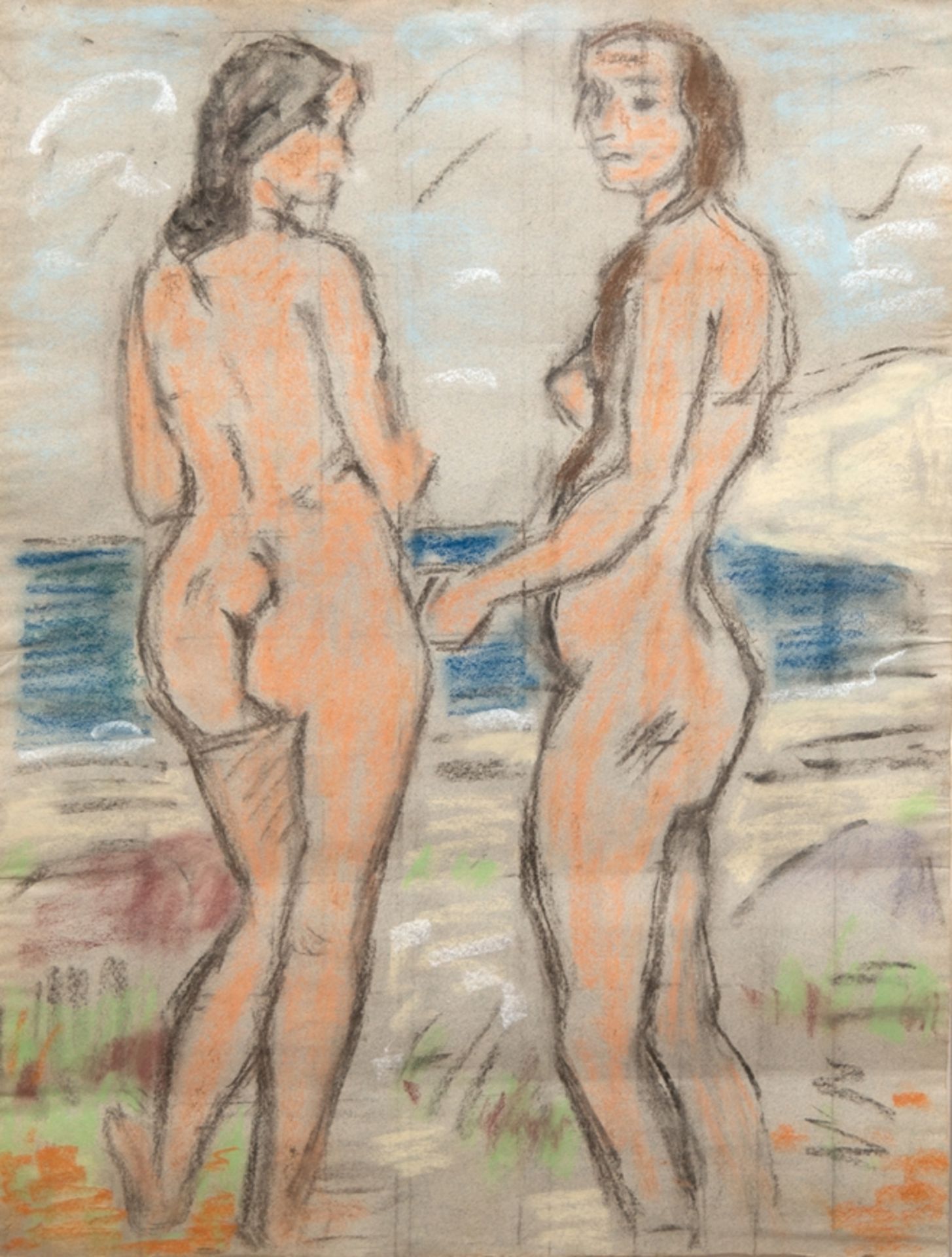 Kother, Paul (1878 Leipzig-1963 Weimar) "Zwei weibliche Akte am Strand", Pastell/ Kreide, unsign.,