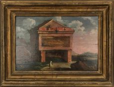 Italienischer Maler 18. Jh., Römische Schule "Landschaft mit Wanderer vor einem Tor", Öl/ Holz, mit